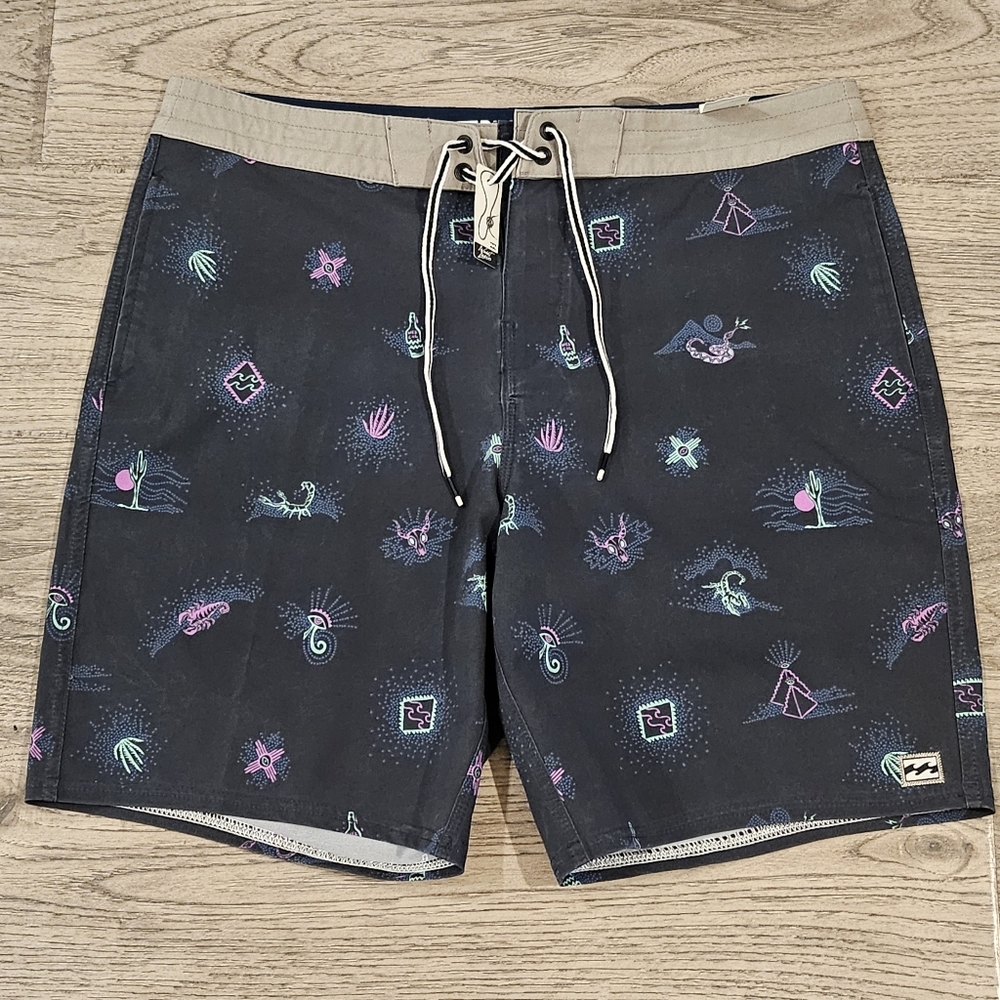 NWOT Billabong Lo Tides Sundays Swim LT Board Shorts - 34x8 - Neon Desert AOP